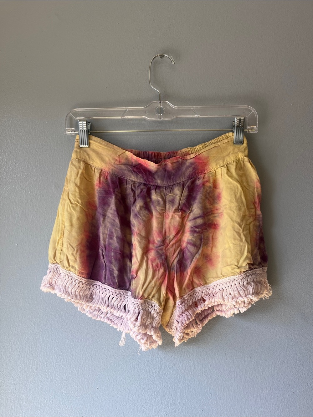 Tie-Dye Crochet Fringe Shorts Yellow Purple Pink